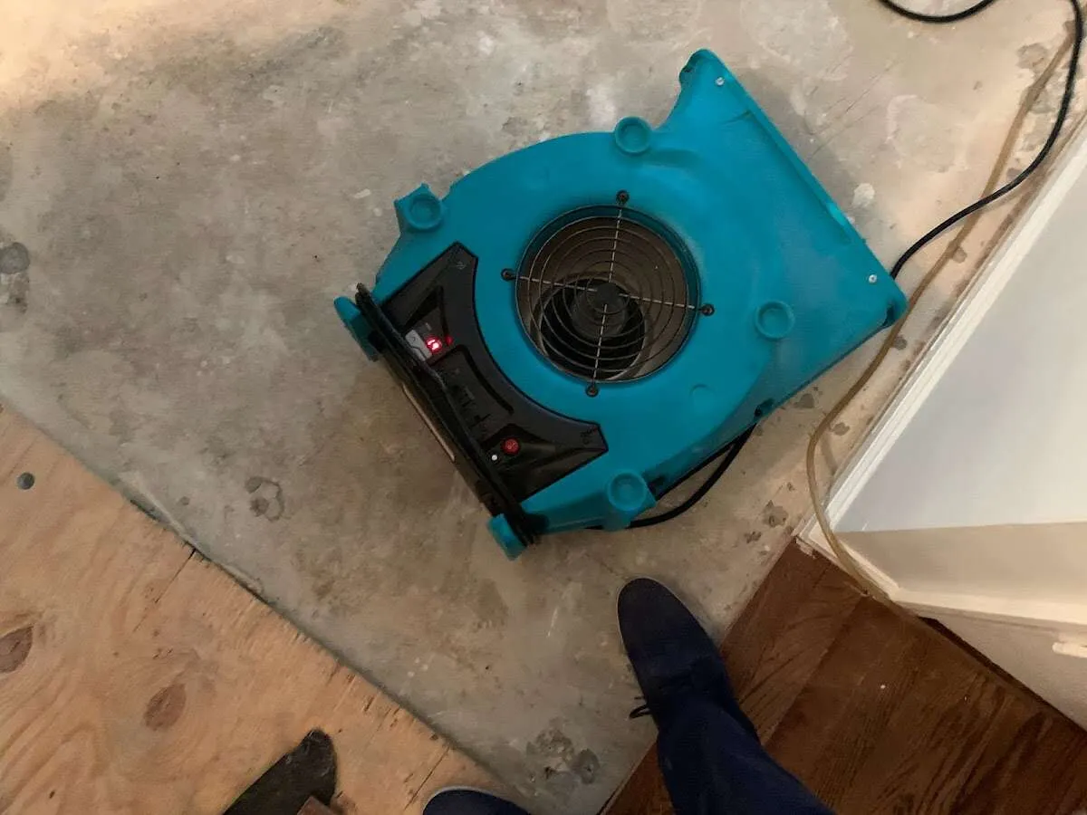 Air mover drying subfloor during Leak Detection & Repair in Harrison